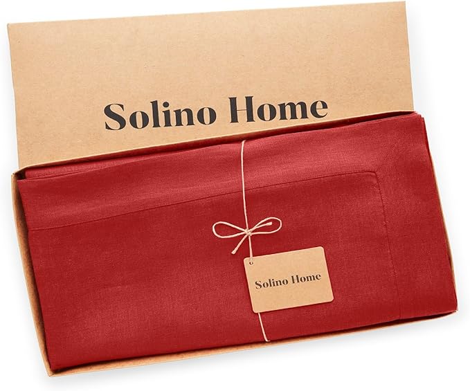 Solino Home Linen Red Tablecloth 60 x 84 Inch - 100% Pure Linen Rectangular Tablecloth - Machine Washable Table Cloth for Christmas, Holiday, Winter, New Year - Fete