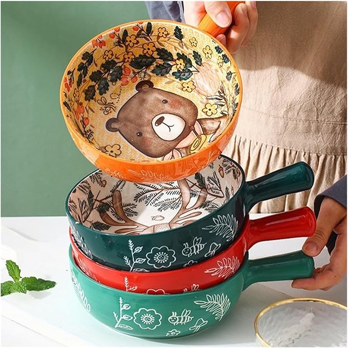 Ceramic Baking Pan, Forest Animals Pattern Tableware With Handle Salad Bowl Au Gratin Dish(Rabbit A rectangular)