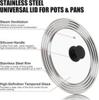 Universal Lid for Pots, Pans and Skillets, Fits 9, 10 and 10.5 Inch Cookware, Replacement Frying Pan Cover with Tempered Glass Top, Stainless Steel Cast Iron Skillet Lids - Heat Resistant Handle