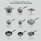 T-fal Ultimate Hard Anodized Nonstick Pots and Pans Set 14 Piece, Oven Broiler Safe 400F, Kitchen Cooking Set w/Fry Pans, Saucepans, Griddle, Dutch Oven, Dishwasher Safe, Cookware, Onyx