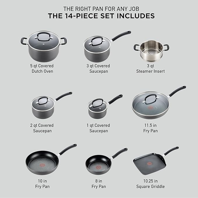 T-fal Ultimate Hard Anodized Nonstick Pots and Pans Set 14 Piece, Oven Broiler Safe 400F, Kitchen Cooking Set w/Fry Pans, Saucepans, Griddle, Dutch Oven, Dishwasher Safe, Cookware, Onyx