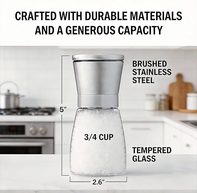 Gorgeous Salt & Pepper Grinder Set — Refillable Stainless Steel & Glass Spice Mill with Adjustable Coarseness — Perfect For Himalayan Or Sea Salts, Fresh Ground Pepper, Or Fresh Spices (2 Pack)