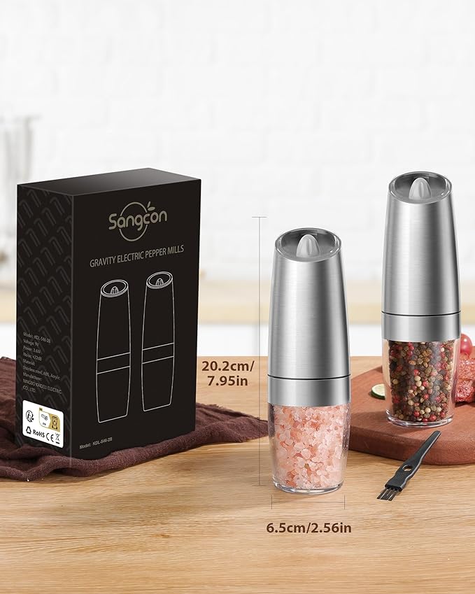 Sangcon Gravity Electric Pepper and Salt Grinder Mill Set Automatic Shakers Grinder with LED Light, Battery Powered Adjustable Coarseness One Hand Operation, Random X or XL Capacity