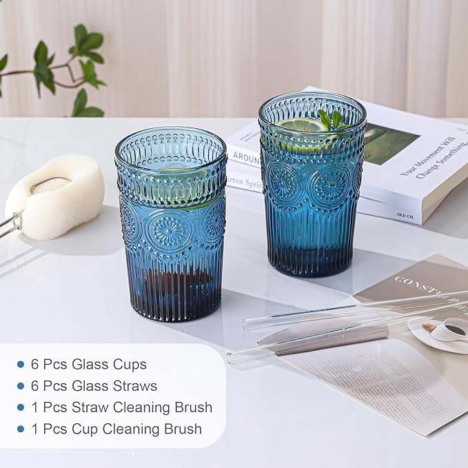 ZMOWIPDL Vintage Glassware Drinking Glasses Set of 6,13 oz Blue Textured Flower Design Glass Water Tumblers，Embossed Striped Drinkware for Water,Cocktails,Juice,Iced Coffee