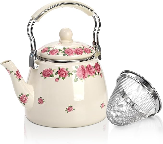 SOUJOY 3.5 Quart Enamel Tea Kettle for Stovetop, Vintage Floral Teapot with Stainlees Steel Infuser and Heat-Resistant Handle for Home Kitchen Camping, Perfect Housewarming Wedding Gift