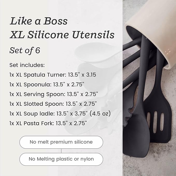 Starpack 'Like a Boss' XL Premium Silicone Cooking Utensils Set (6 Pcs) 13" - Heat Resistant Kitchen Utensils 600°F - Non-Stick Silicone Utensil Set - Large Kitchen Utensils Set for Cooking & Serving
