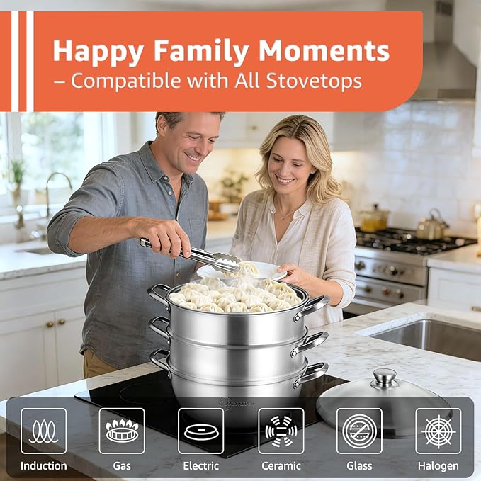 LOLYKITCH 8-Quart/ 30CM Stainless Steel Steamer Pot - 3 Tier Steamer for Cooking Dumplings & Veggies, 12 Inch Large Induction Stock Pot for All Stovetops, Heavy Duty