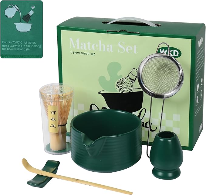 Dark Green Matcha Set,Matcha Whisk Set with Holder, Stainless Sifter & Scoop, Tea Towel,Traditional matcha making set,green tea ceremony,7Pcs