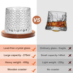 Rotatable Old Fashioned Glass Cup, 275ml/10oz Crystal Whiskey Glass Set of 2, Wood Coaster, Thickening, Used as Rum Glass Cup, Cocktail, Coffee, Milk to Relax and Reduce Stress, Christmas gifts