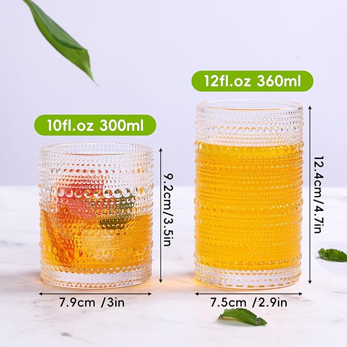 Moretoes Hobnail Drinking Glasses Set of 12, 12 Oz Highball Glasses & 10 Oz Cocktail Glasses, Clear Embossed Boho Glass Cups Kitchen Bar Tumbler Glassware Set for Whiskey, Beer, Juice, Milk