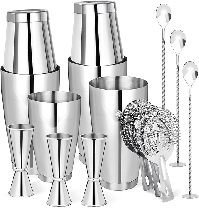 Mwellewm Cocktail Shaker Boston Shaker Set 15 Pcs Professional Bartender Kit Bar Shaker Stainless Steel Drink Shaker Bartending Martini Shaker Tin Mixed Alcohol Shaker Tool for Beginner(Silver)