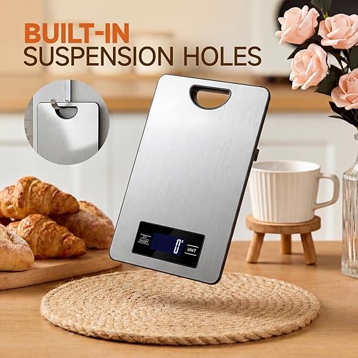 Digital Kitchen Scale and Food Weight Scale with Hang Loop, 11lb Baking Scale for Home and Kitchen, Precise Scales with Grams and Ounces, Stainless Steel (Silver)