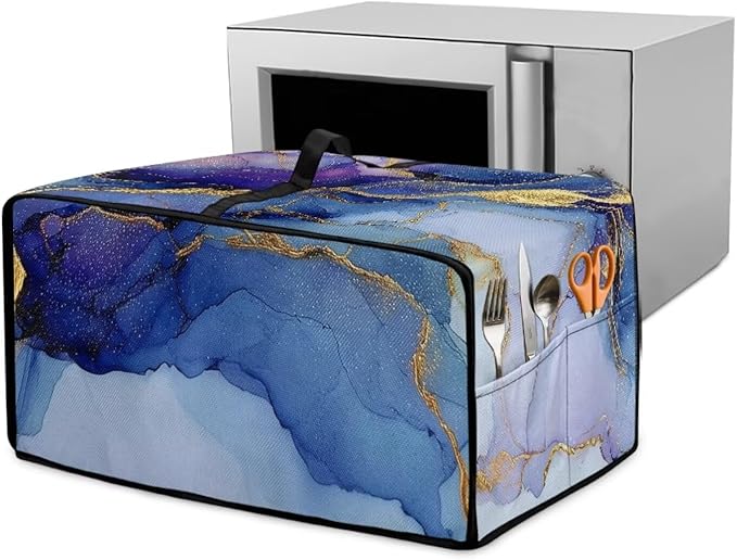 Marble Print Toaster Oven Dust Cover, Heavy Duty Heat-Resistant Cover for Kitchen Counter Small Appliances, with Accessory Pockets, Blue Violet Gold, (Medium-16.1*19.71*10 inches)