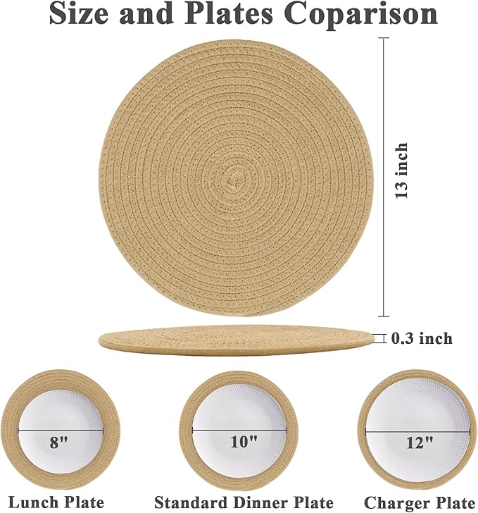 Round Placemats Set of 6, Cotton Rope Woven Table Mats, Hot Pads for Kitchen, Non Slip Heat Resistant Place Mats, 13 Inches Braided Placemat for Farmhouse Decor and Kitchen Table Decor (Khaki)