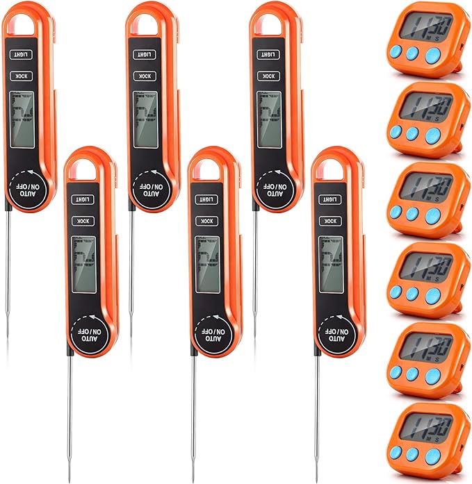 Kingdder 12 Pcs/ 6 Sets Meat Thermometer Digital with Magnetic Kitchen Timer Kit, Fast Instant Read & Waterproof & Foldable Food Thermometer & Kitchen Timer Bulk for Cooking, Grilling, Candy, BBQ