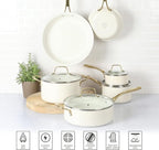 Martha Stewart Lockton Premium Non stick Non Toxic PFA Free Ceramic Interior 10 Piece Heavy Gauge Enamel Aluminum Pots and Pans Cookware Set - Linen White w/Gold Handle