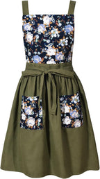 Pinknoke Vintage Pinafore Apron Dress for Women with Pockets Cute Floral Chef Aprons for Kitchen Cooking Baking Gardening