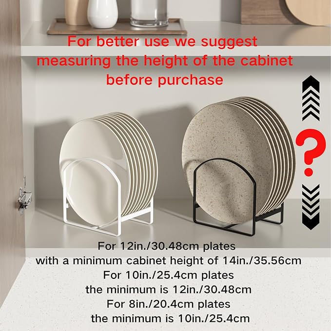 LINFIDITE 2 Pack Kitchen Plate Holder Organizer for Cabinet Space Saver Dinner Plate Storage Rack Upright Dish Drying Racks Metal Dish Stand for Cupboard Countertop Rustproof Black (1 Large 1 Small)