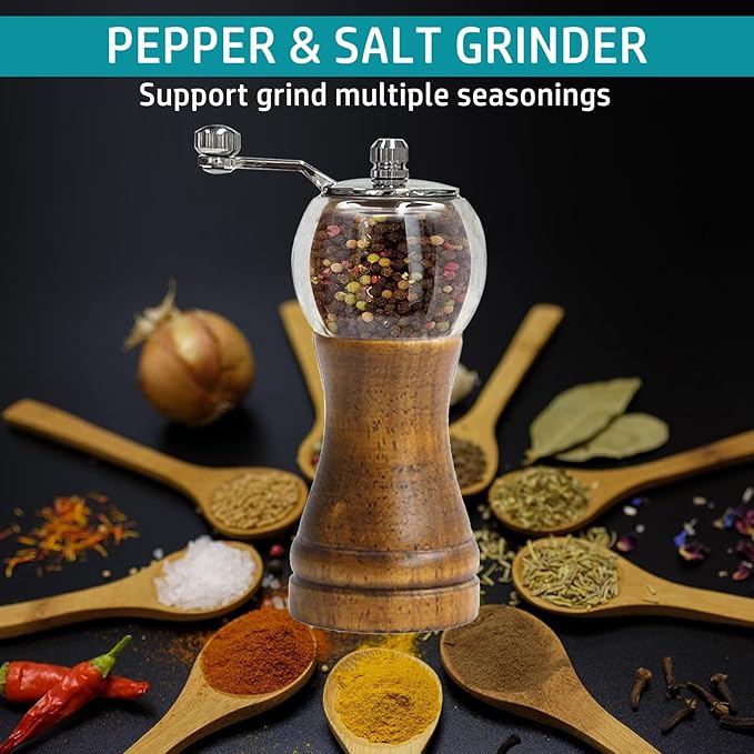 Pepper Grinder, Classical Roast Black Manual Pepper Grinder Set, Hand Shake Sea Salt Mill, Retro Style Wood， Acrylic，Ceramic Blades, Enjoy Fresh Pepper Spices (Walnut color 2pcs-6in)
