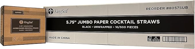 5,000 Count | Kingseal FSC Certified Paper Cocktail Drinking Straws, Stirrer, Unwrapped, BLACK, 5.75 Inch Length x 6mm Diameter, "Jumbo" Size, Biodegradable, Earth Friendly, Bulk Pack - 10 Boxes x 500