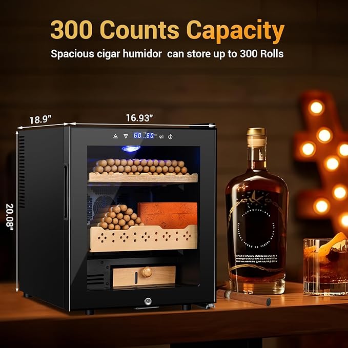 Electric Humidor for Cigars, 50L 300 Counts Large Capacity, Thermostatic Electric Cigar Cooler Cabinet with Spanish Cedar Wood Shelves, Digital LED Screen, Smart Humidity & Temp Control, Gifts for Men
