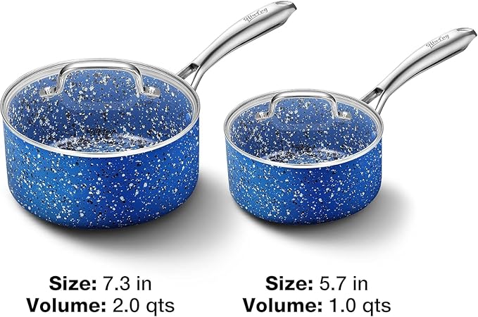 Kitchen Granite Nonstick 1 Quart and 2 Quart Sauce Pan Set with Lid, Multipurpose Pots Set Use for Home Kitchen or Restaurant, Blue