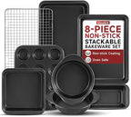 Unokit 8-Piece Nonstick Baking Pans Set - Stainless Steel Bakeware Set Stackable Trays with Cookie Sheets, Cake, Loaf, Round & Square Pan and Cooling Rack, Dishwasher & Oven Safe