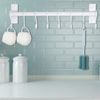 Dseap Kitchen Utensil Holder Hanger, Pot and Pan Rack Wall Mounted, Kitchen Rail with 8 Hooks for Hanging Cooking Utensils, Mugs, Spoons, Wall Mounted, White, Pack of 2