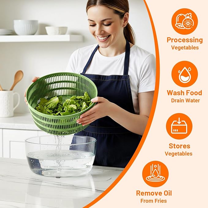 HomeHacks Salad Spinner Large Lettuce Spinner, Large Fruit Cleaner with Double Drainage Holes, 5 Chopping Blades, High Efficiency for Kitchen Washing & Drying Leafy Vegetables, Easy Press (Green)