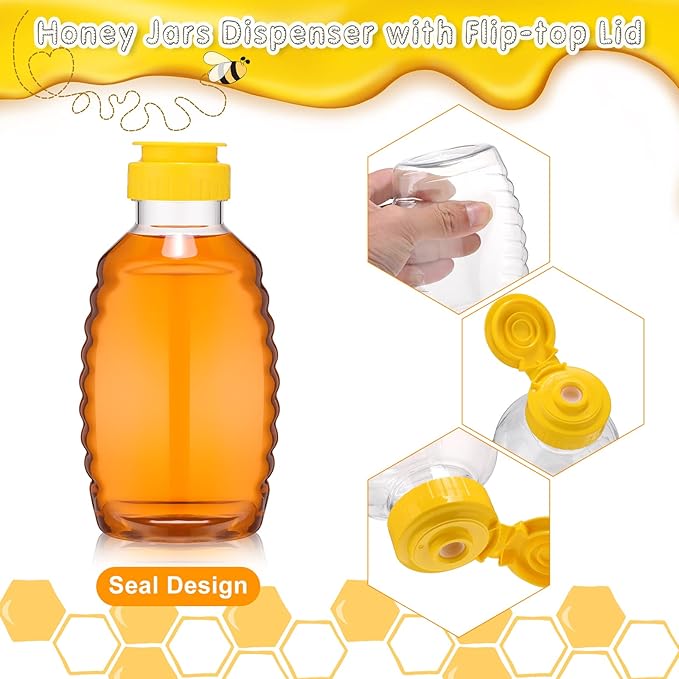 24 Pcs Clear Plastic Honey Bottles Plastic Skep Style Jar Honey Squeeze Bottle Empty Refillable Honey Dispenser with Flip Top Lids Leak Proof Honey Containers Holders for Storing and Dispensing (16oz)