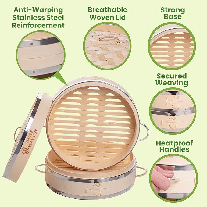 2-tier 10" Bamboo Steamer with Reinforcement & Handle, Reusable Silicone Liner & Accessories Kit For Cooking Dumpling, Baby Bao Bun, Dim Sum, Rice Potsticker Steaming Chinese Asian Food & Vegetables