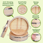 2-tier 10" Bamboo Steamer with Reinforcement & Handle, Reusable Silicone Liner & Accessories Kit For Cooking Dumpling, Baby Bao Bun, Dim Sum, Rice Potsticker Steaming Chinese Asian Food & Vegetables