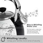 Rorence Stainless Steel Tea Kettle: 2.6 Quart Whistling Kettle for Stove Top with Capsule Bottom & Heat-resistant Glass Lid – Matte Black