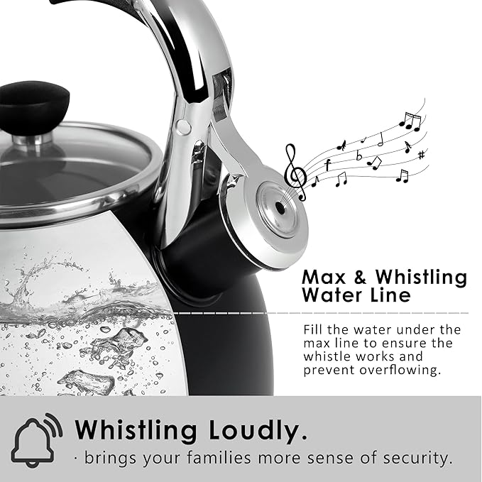Rorence Stainless Steel Tea Kettle: 2.6 Quart Whistling Kettle for Stove Top with Capsule Bottom & Heat-resistant Glass Lid – Matte Black