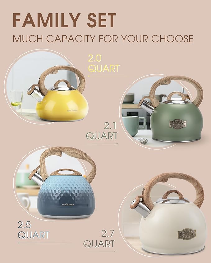 Hauce Radio Tea Kettle Stovetop Teapot, 2.5 Quart Loud Whistle Food Grade Stainless Steel and Smooth Wood Pattern Handle, Sophisticated Look for Hiking, Picnic, for Tea, Coffee Milky White