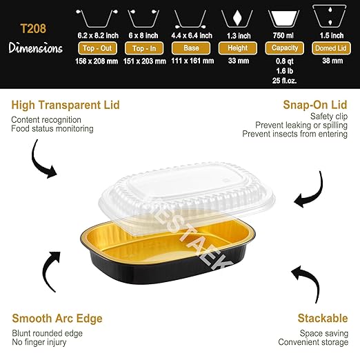 Oval Aluminum Foil Takeout Containers with Lids (5 Pack) – 2X Thicker Heavy Duty Black Food To-Go Trays for Restaurants, Delivery, Meal Prep & Food Service, 25oz