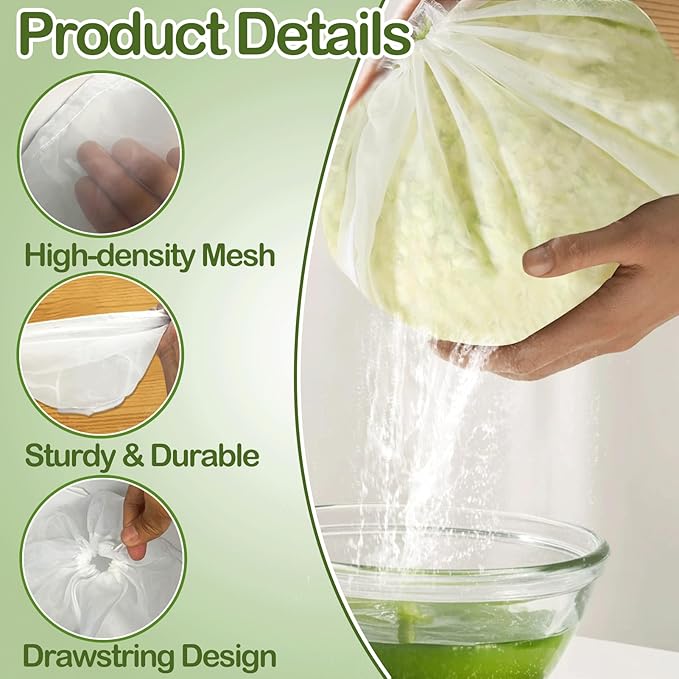 5 Pack Reusable Fine Mesh Cheesecloth Bags for Straining, 16‘’x6‘’ Bowl-Shaped Food Filter Bag, Great for Nut Milk, Juice, Soy Milk, Nylon Juicer Bags(M)