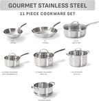 T-fal Stainless Steel Pots and Pans Set 11 Piece, Induction, Oven Broiler Safe 500F, Kitchen Cooking Set w/Fry Pans, Saucepans, Saute Pan, Dutch Oven, Steamer, Cookware, Dishwasher Safe, Silver