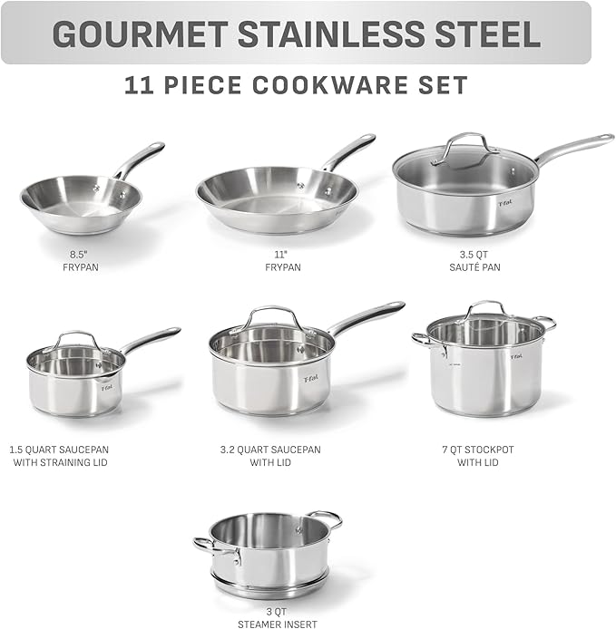 T-fal Stainless Steel Pots and Pans Set 11 Piece, Induction, Oven Broiler Safe 500F, Kitchen Cooking Set w/Fry Pans, Saucepans, Saute Pan, Dutch Oven, Steamer, Cookware, Dishwasher Safe, Silver