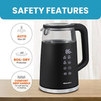 Elite Gourmet 1.7L Dual Wall Cool Touch Electric Tea Kettle, Borosilicate Glass, 304 Stainless Steel Interior, Programmed Digital Touchscreen, Keep Warm, Auto Off & Audible Indicator, Black
