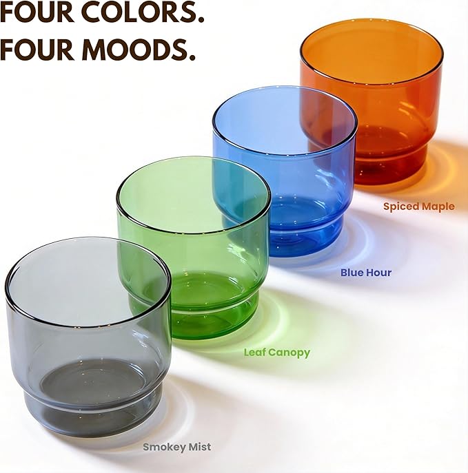 Double Old-Fashioned Glasses Set Of 4 10oz Stackable Borosilicate Glass Cups Retro Color for Wine Cocktails Mocktails Modern Barware Gift Small Bodega Glasses Dishwasher Safe