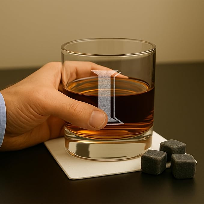 Monogrammed Gifts for Men - 4PC 11 Oz Custom Whiskey Glasses (I-Monogram) - Engraved Whiskey Glasses - Personalized Whiskey Glasses - Unique Bourbon Glasses - Personalized Glass Gifts for Dad
