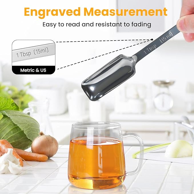 Stainless Steel Measuring Spoons Set of 6, Rectangular Metal Measuring Spoons for Dry & Liquid Ingredients, Slim Design Fits in Spice Jars, Kitchen Gadgets for Baking & Cooking