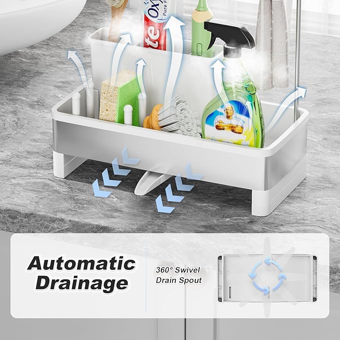 Ewaiira Stainless Steel Sink Caddy, Sponge Holder for Kitchen Sink with Brush Holder & Dishcloth Rack, Rustproof Sink Organizer Countertop, Kitchen Organizers Storage Essentials (E-White 9.8″)