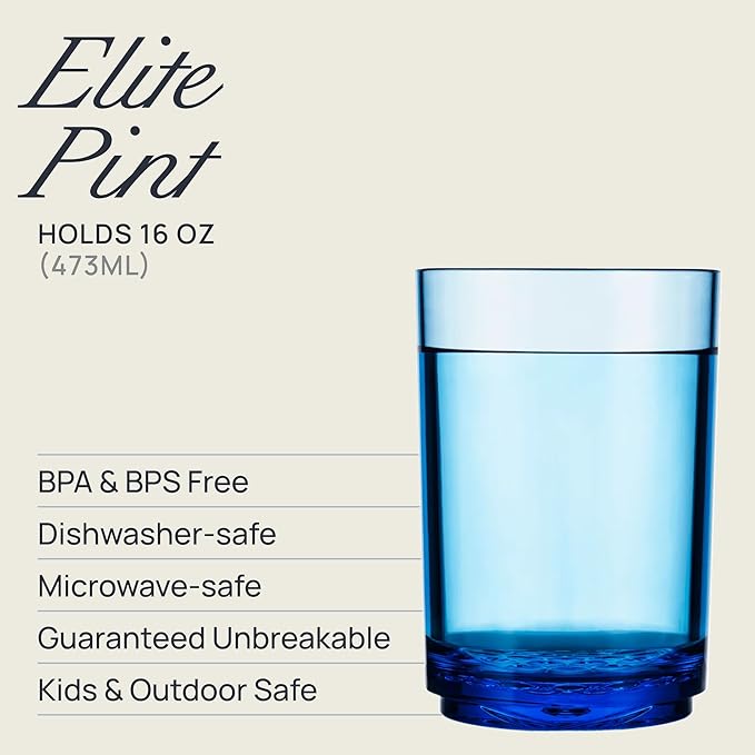 Drinique Unbreakable 16 Oz Drinking Glasses, Set of 4 - Tritan Plastic Shatterproof Tumbler Water Glasses, Drinking Cups, BPA-Free, Dishwasher Safe Alternative Glass Cups Set, 16 Ounces, Blue