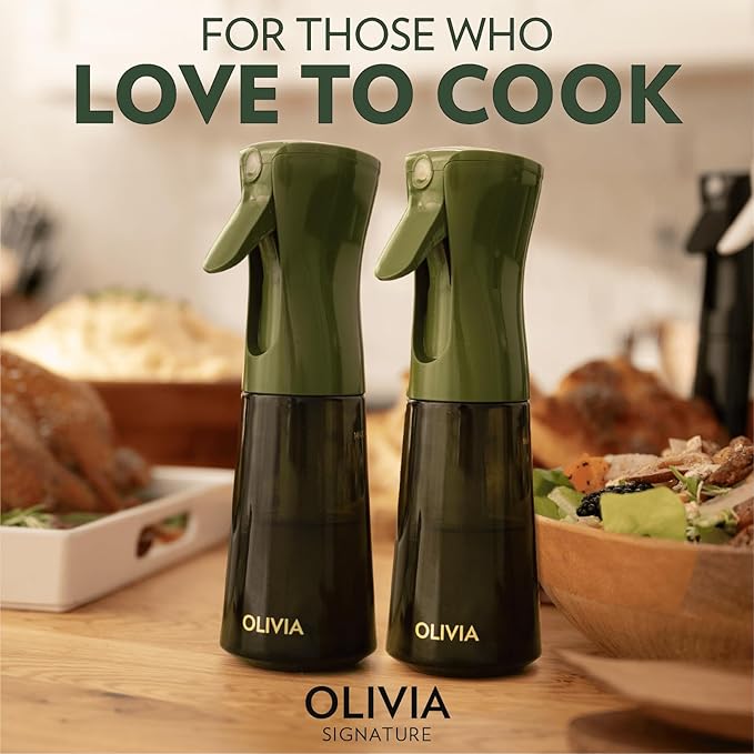 FLAIROSOL OLIVIA SIGNATURE Advanced Kitchen Oil Sprayer Technology, Fine Mist & Portion Control, Refillable Glass Olive Oil Cooking Spray Bottle for Air Fryer, Salad, BBQ, 2 Pack 200ml (Green)