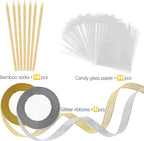 Ocmoiy DIY Candy Apple Kits - 100 Pcs Sticks and Bags With 50 Yard Gold and Silver Glitter Ribbons for Large Caramel Apple Lollipop Making Packaging Supplies