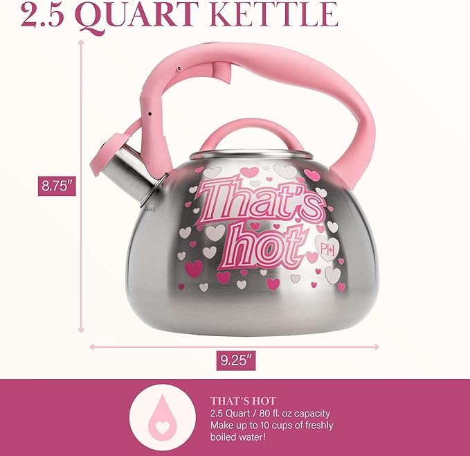 Paris Hilton Whistling Stovetop Tea Kettle, Stainless Steel with Color Changing "That's Hot" Heat Indicator Design, Soft Touch Handle, 2.5-Quart, Pink