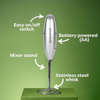 Harmony Leaf Handheld Milk Frother, Stainless Steel Electric Drink Mixer with Stand, Battery Operated Coffee Frother for Lattes, Matcha, Hot Chocolate and More, Silver