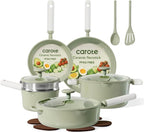 CAROTE Pots and Pans Set Non stick, 15pcs Ceramic Cookware Set Nonstick Non Toxic Cookware,Dishwasher,RV/Camping Cookware Set,Green